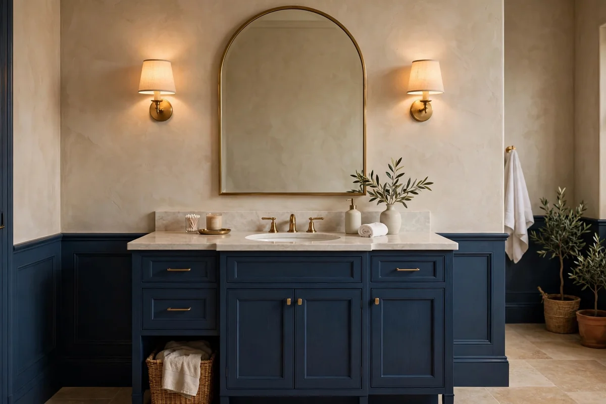 Navy vanity with a large arched brass-framed mirror and sconces