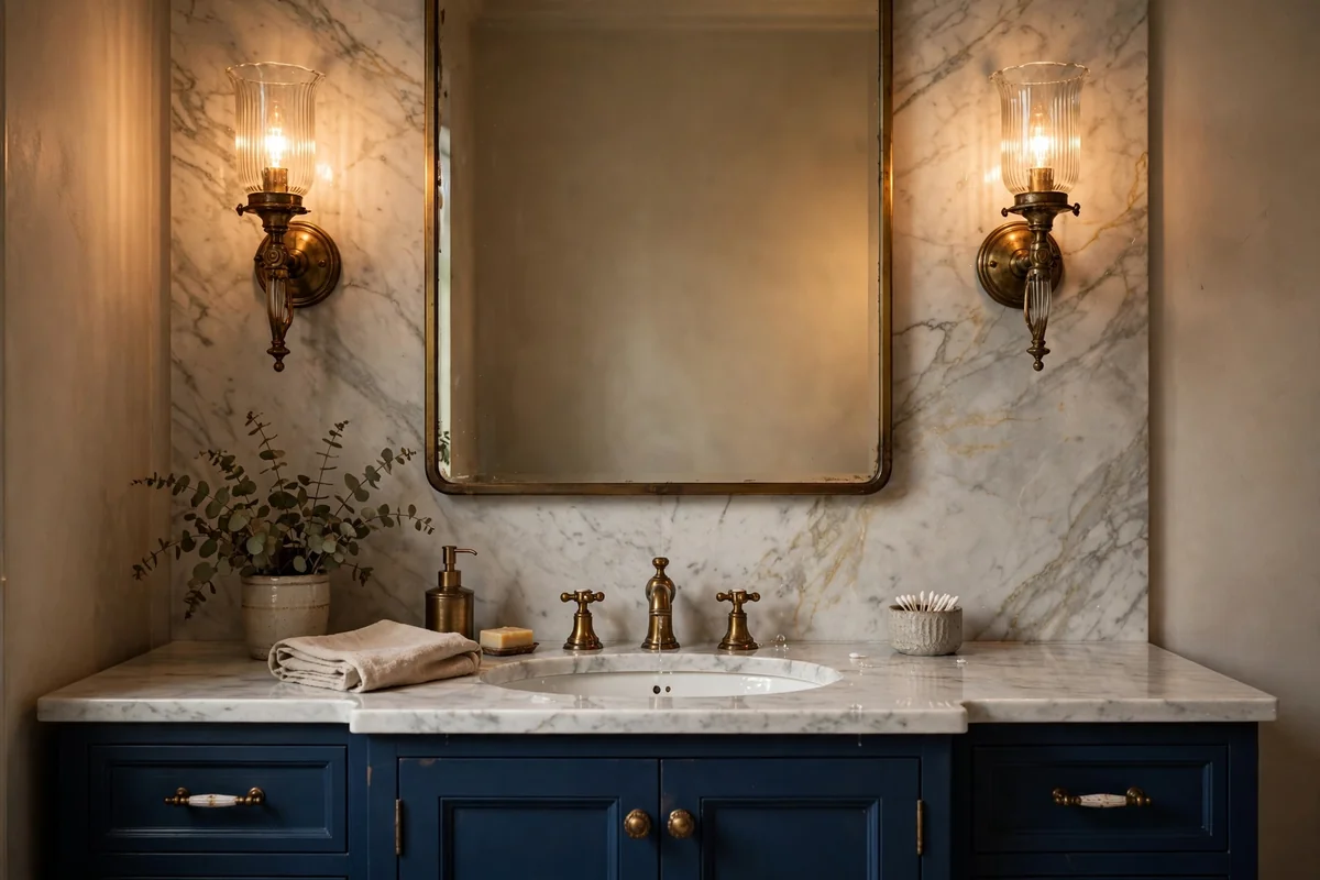 Navy vanity framed by two aged brass sconces flanking a rectangular mirror