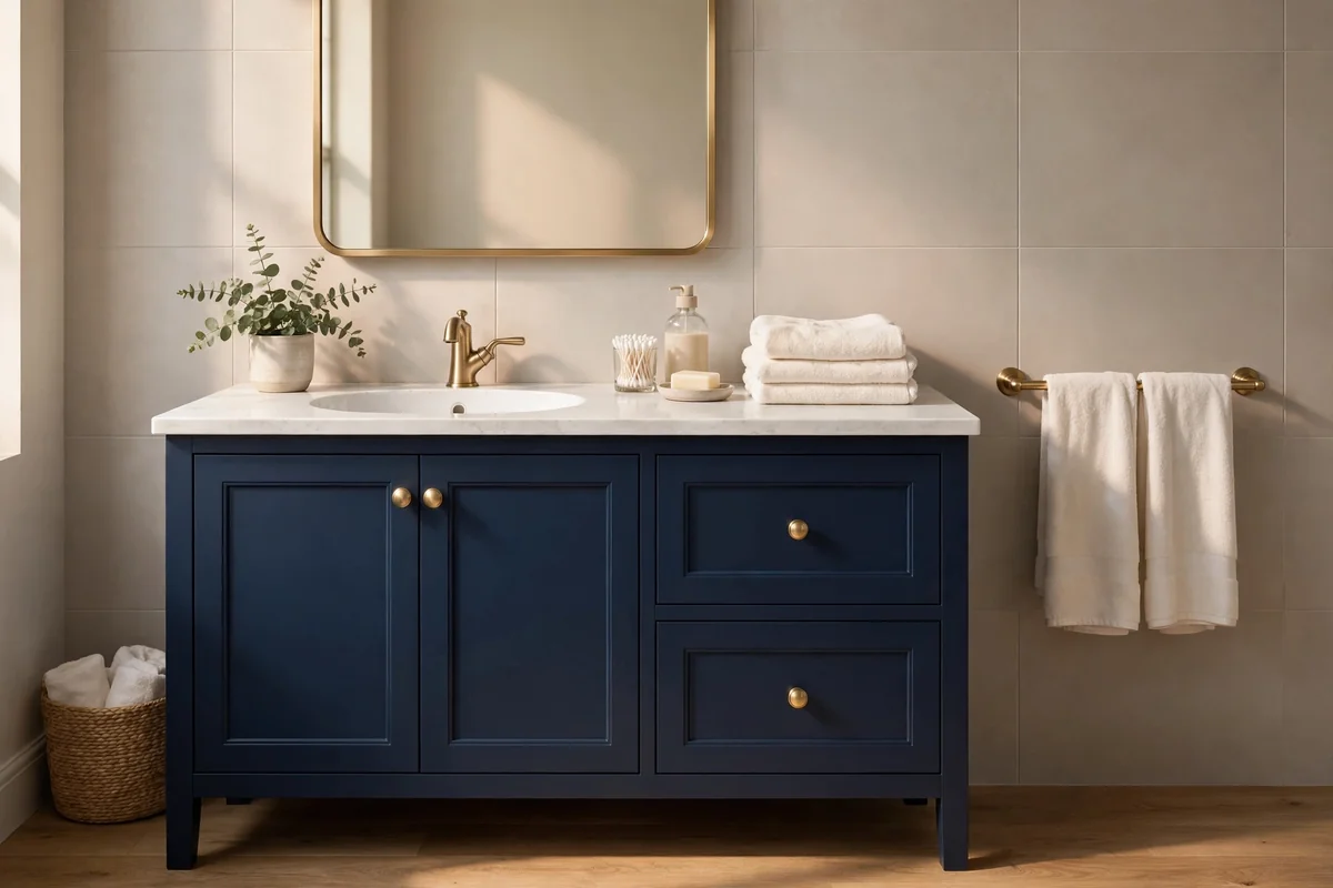 Deep navy vanity against warm soft gray wall tile with brass hardware