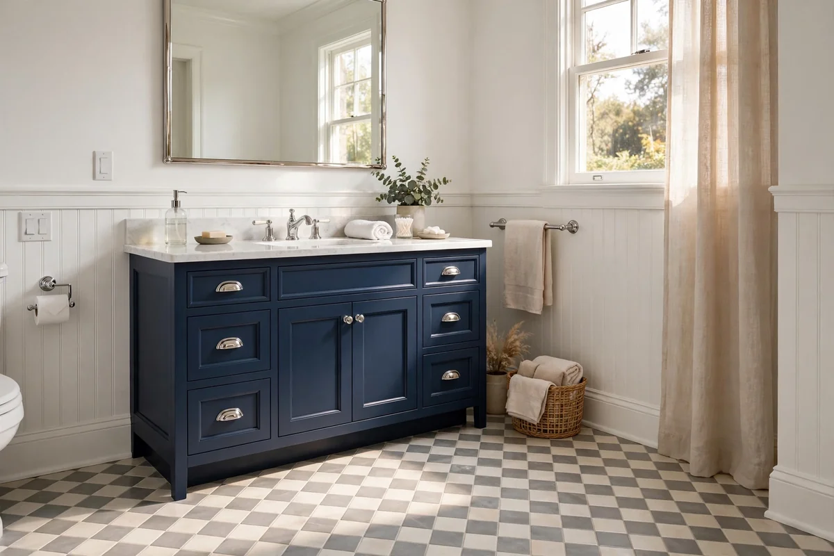 Navy vanity with a cream and gray checkerboard tile floor
