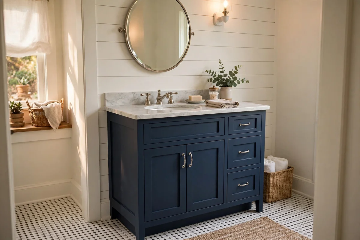 Shaker navy vanity in a cottage bathroom with white penny tile floor