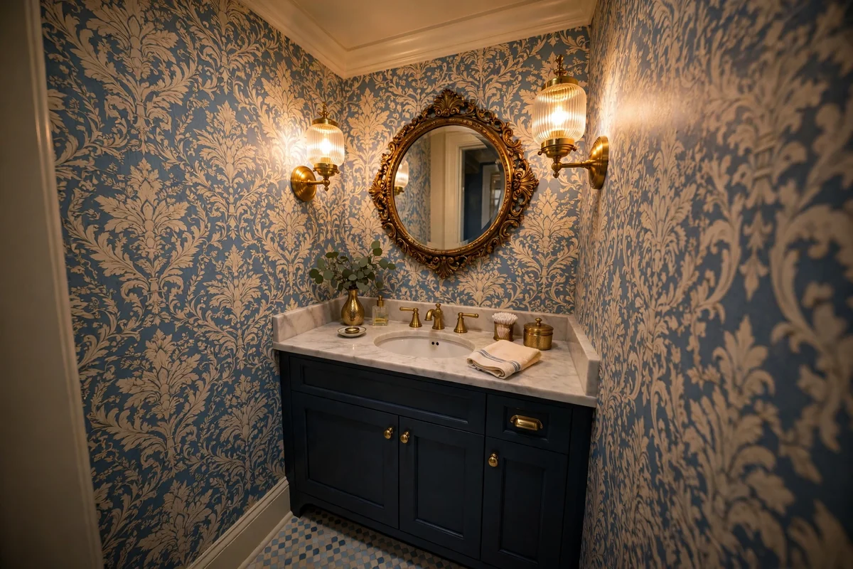 Compact powder room with navy vanity and patterned cream and blue wallpaper