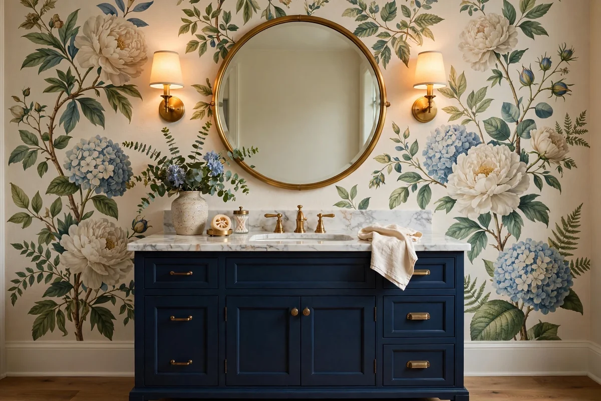 Navy vanity beneath large-scale botanical floral wallpaper in cream and blue