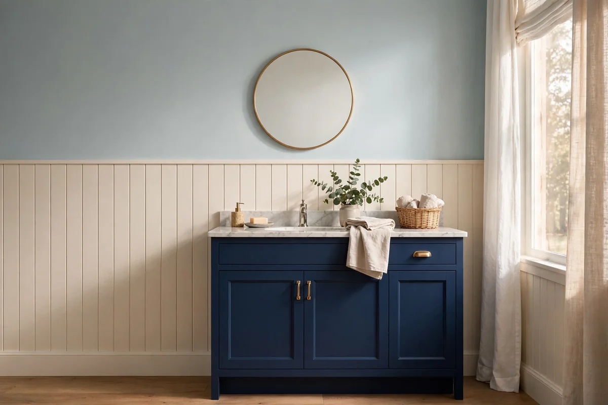 Navy vanity against warm white vertical wall paneling with pale blue-gray walls