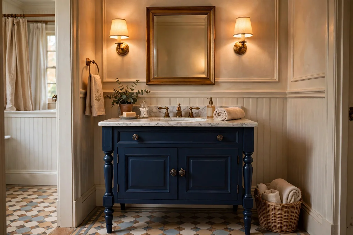 Furniture-style navy vanity with turned legs and marble top in a traditional bathroom