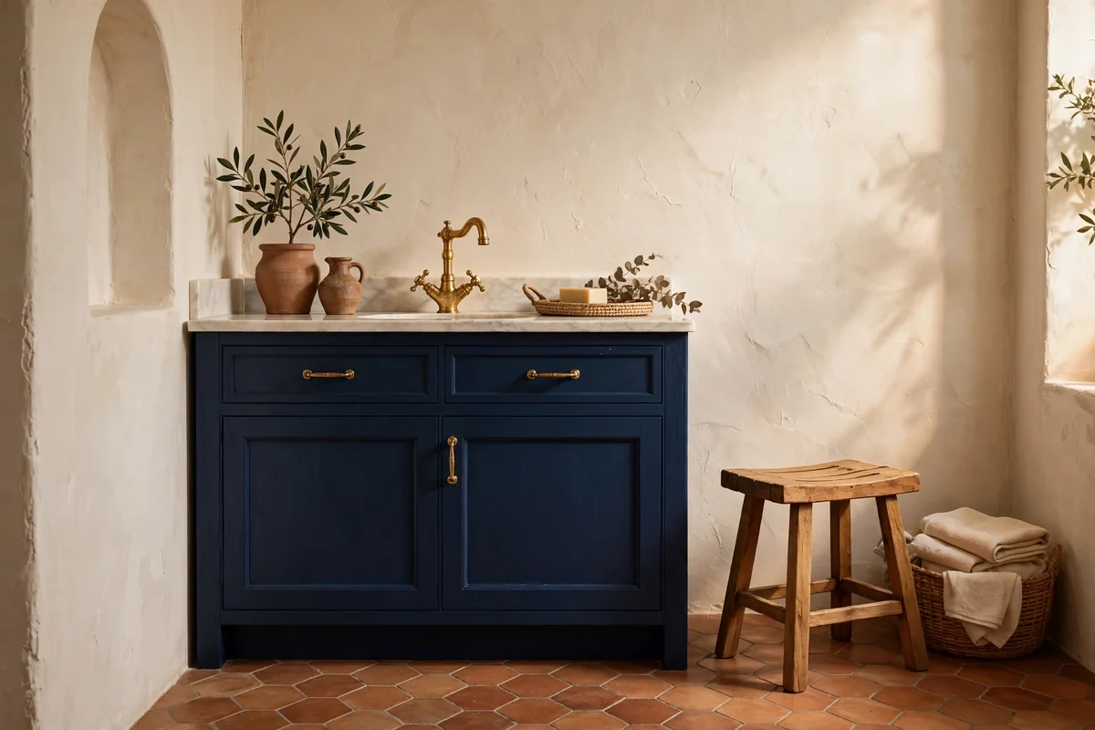 Deep navy vanity with warm terracotta floor tiles and cream plaster walls
