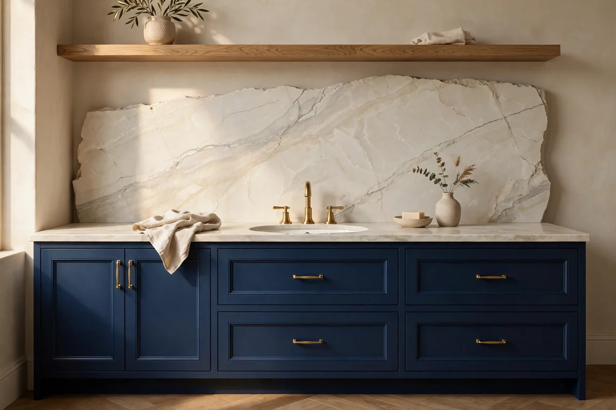 Navy vanity beneath a dramatic pale stone slab backsplash with veining