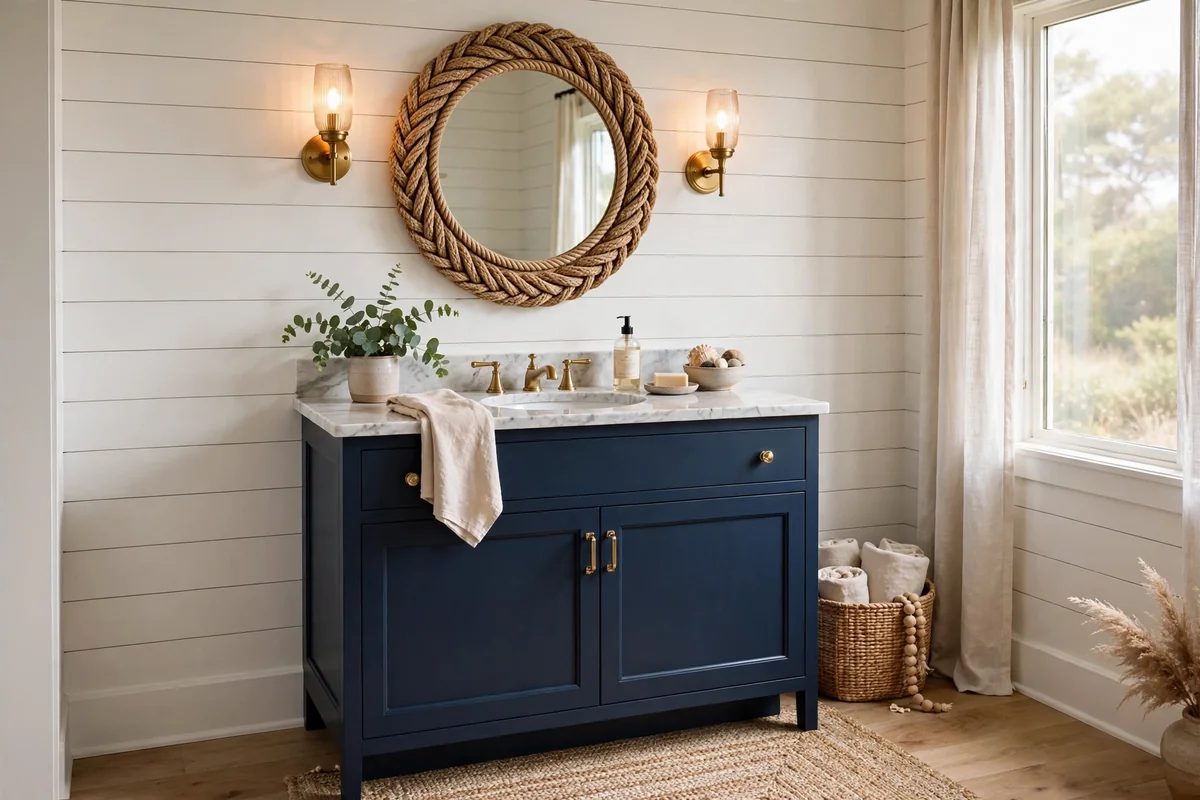 Navy vanity in a coastal bathroom with white shiplap walls and oak floor