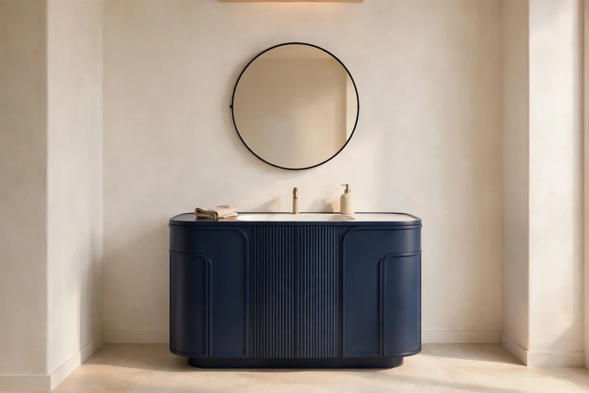 Minimal bathroom with one sculptural navy vanity and round mirror