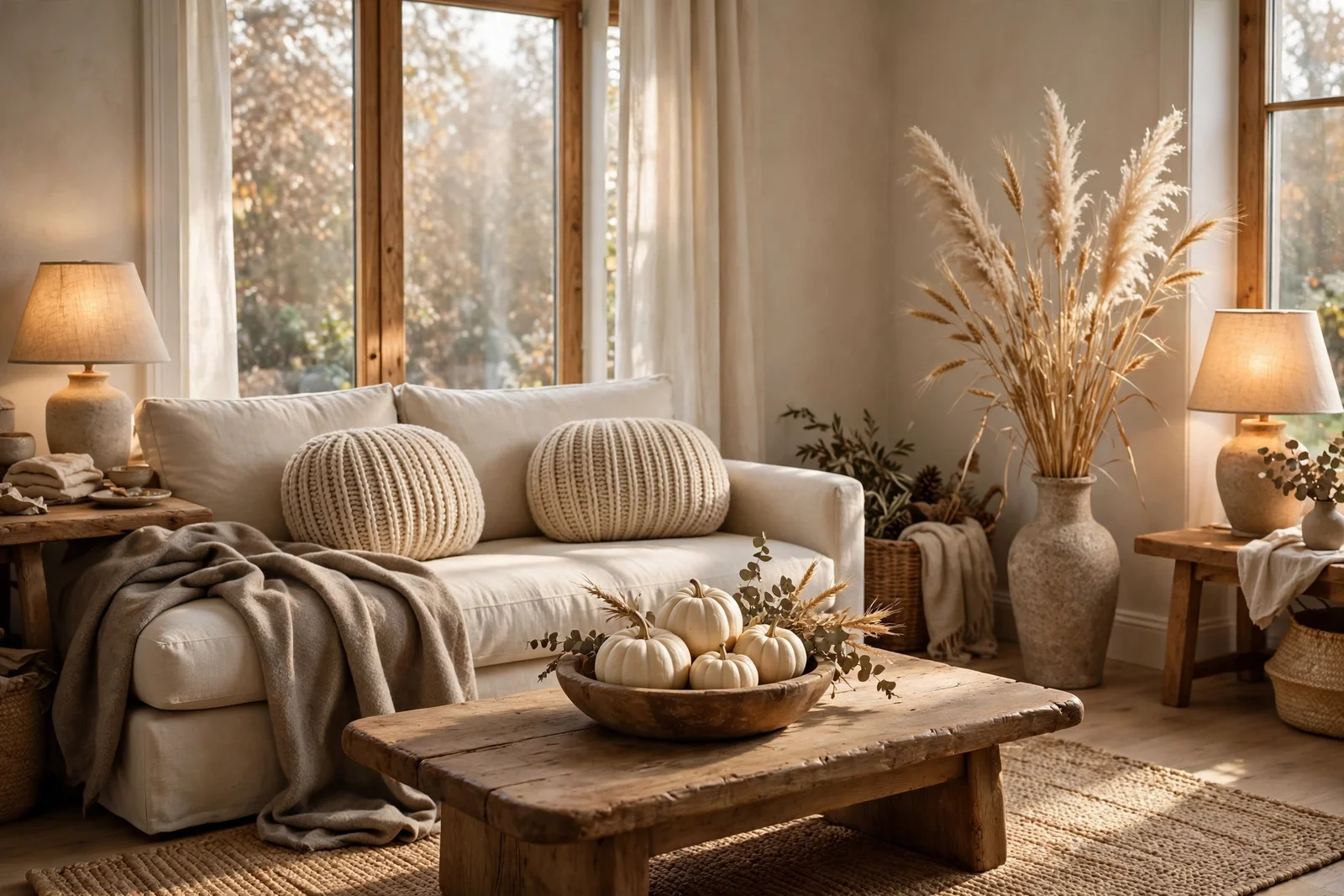 Neutral fall living room with white pumpkins, pampas, linen textures and warm light