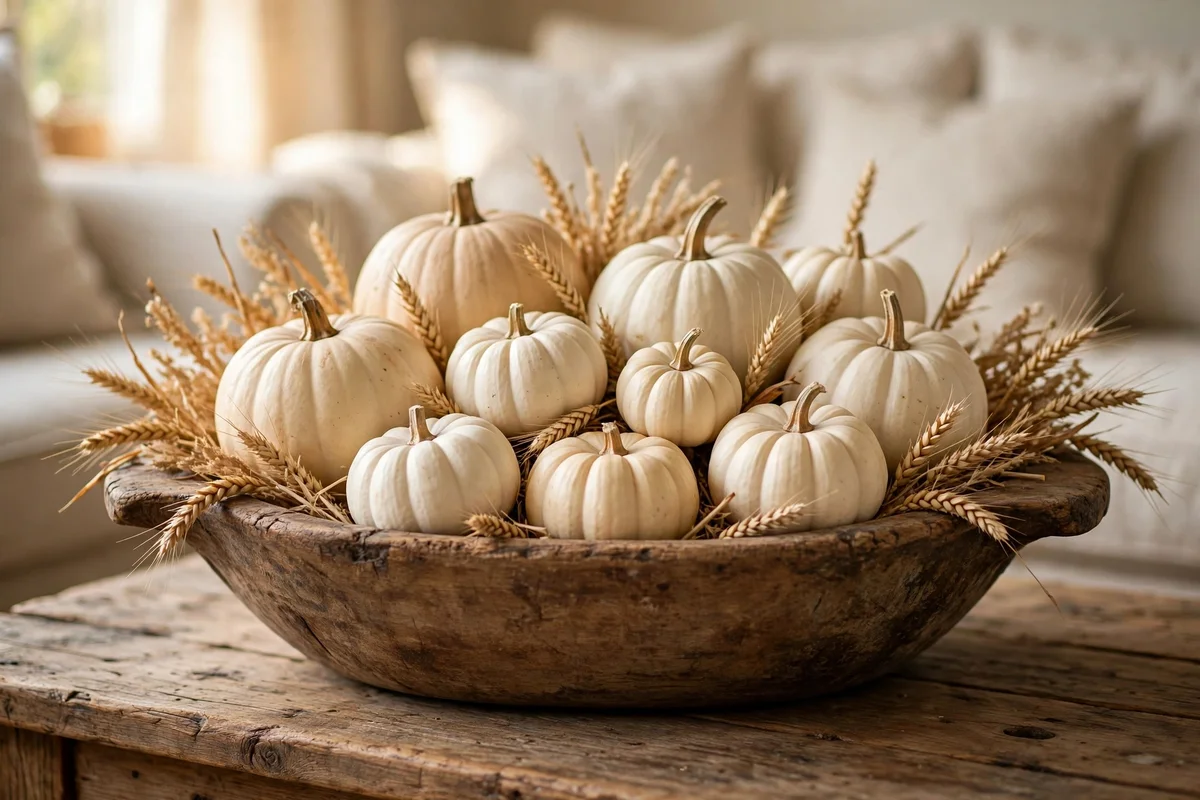 Wooden dough bowl of white pumpkins on a coffee table