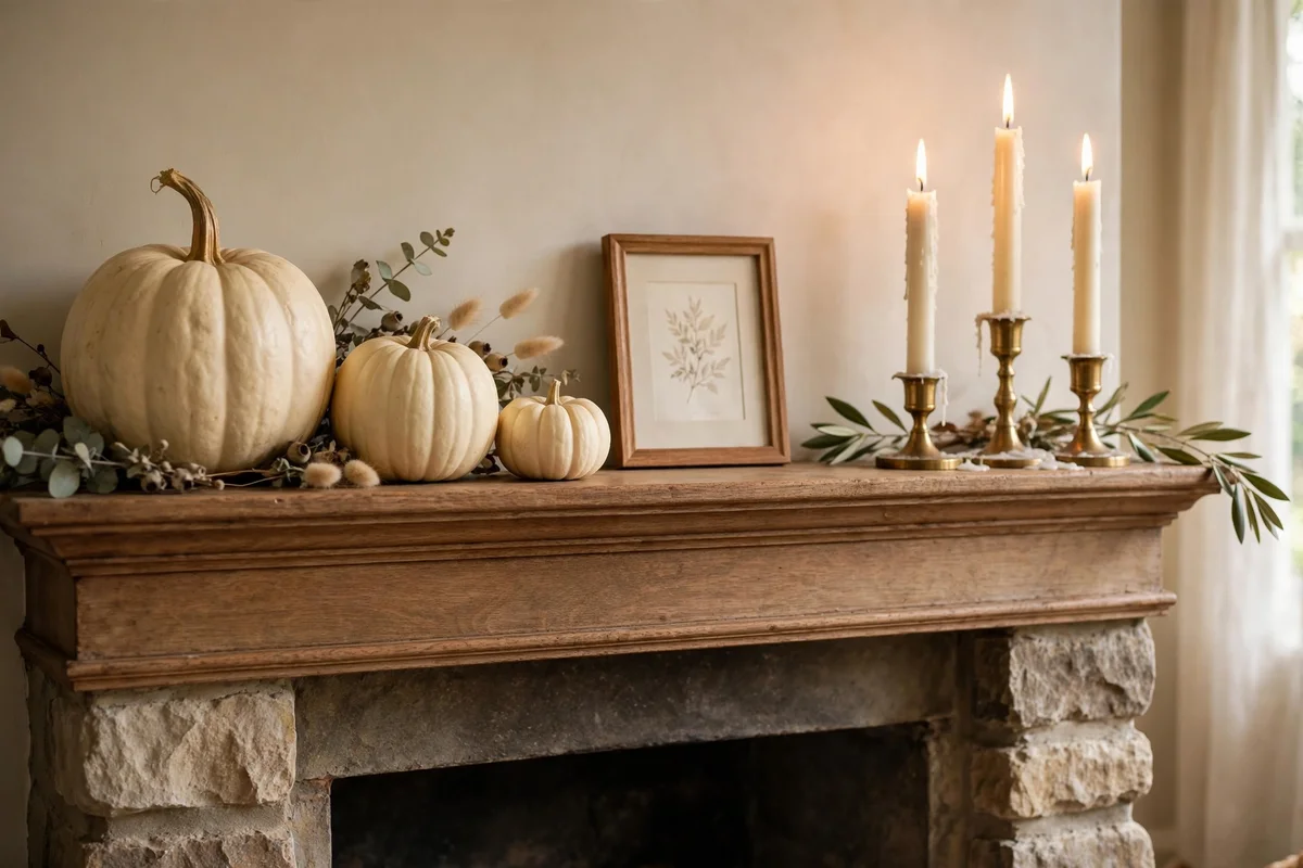 Cream pumpkins and ivory candles styled on a fireplace mantel