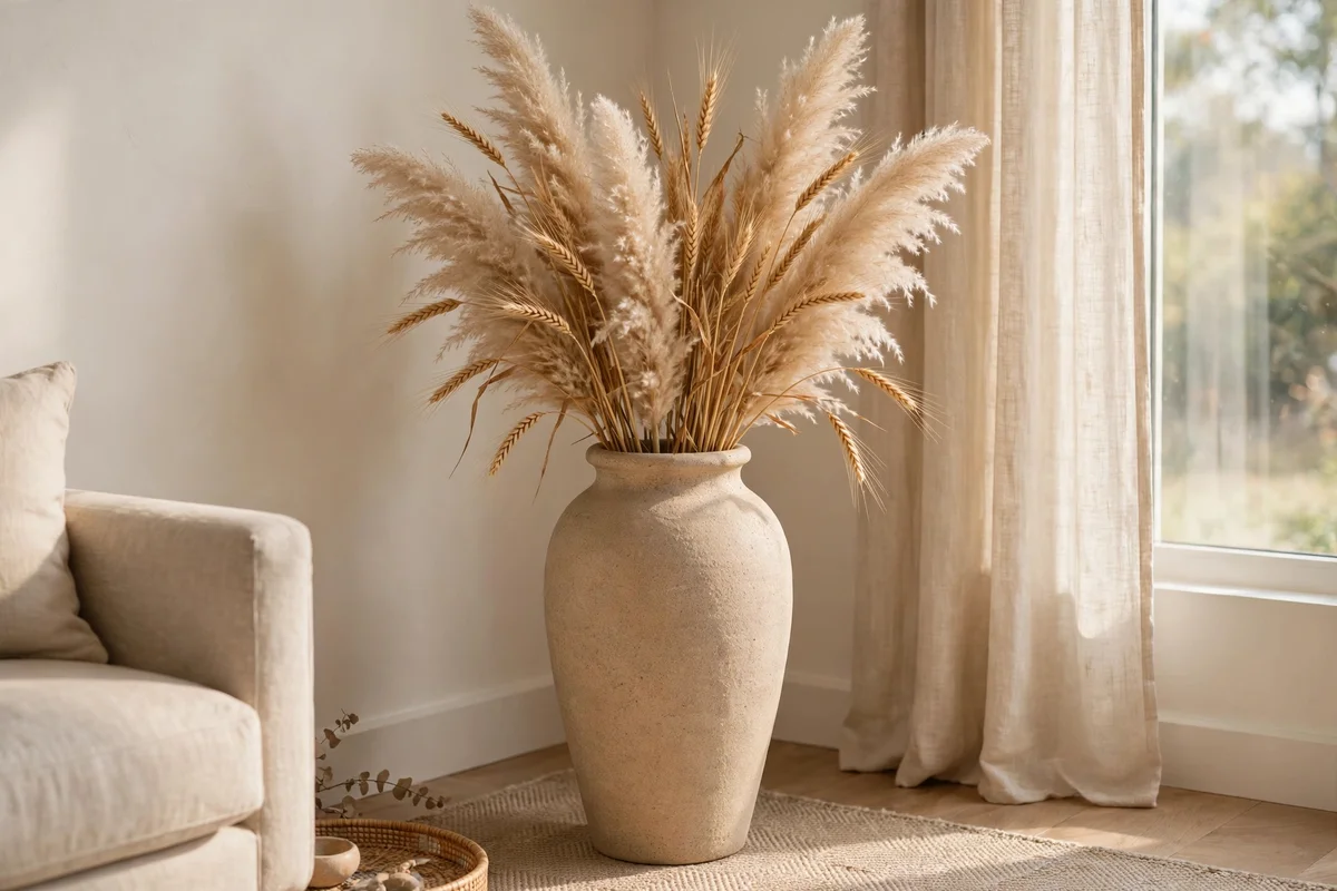 Tall stoneware vase with dried pampas and wheat in a corner
