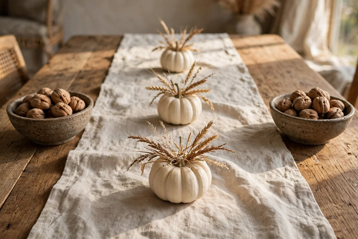 Natural linen runner with a trio of white pumpkins on a dining table
