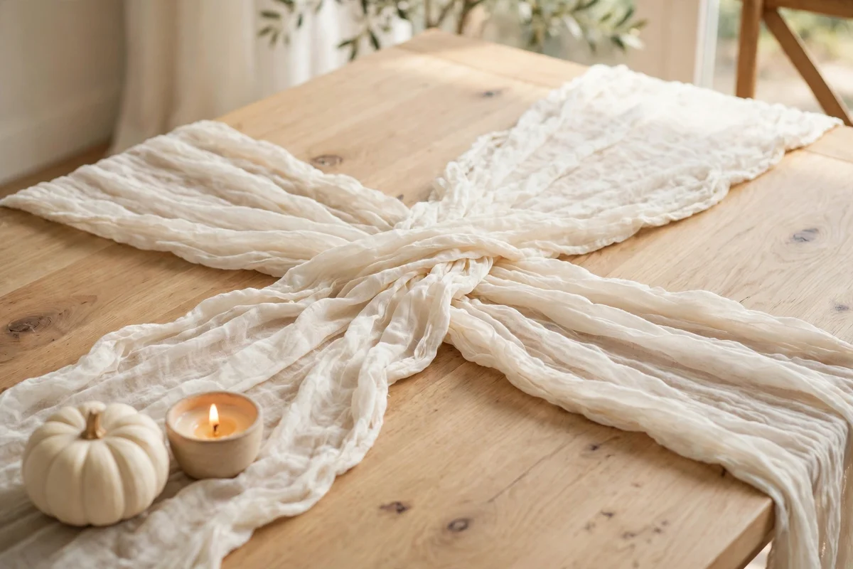 Ivory gauze runner draped over a pale wood dining table