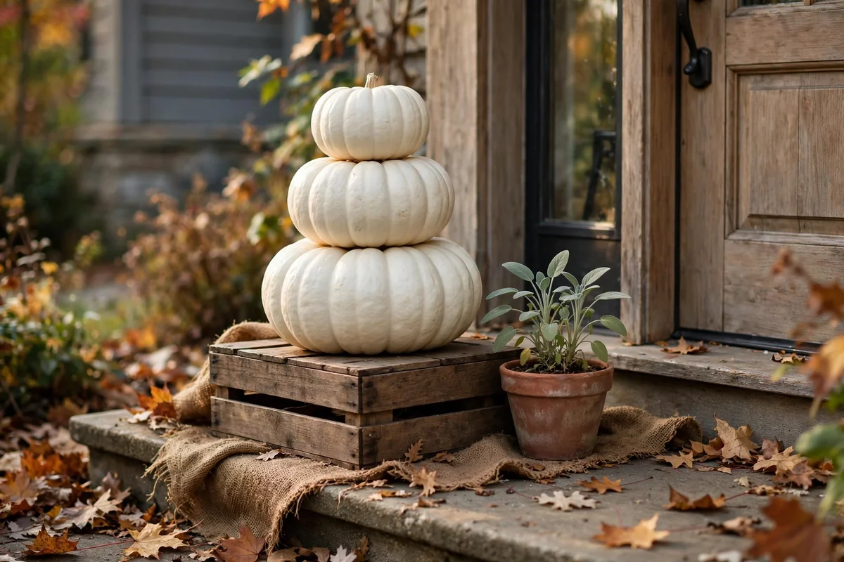 Stack of white pumpkins on a crate beside the front door