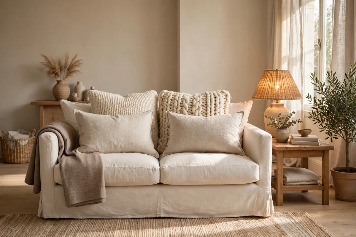 Sofa with cream knit and oatmeal linen cushions