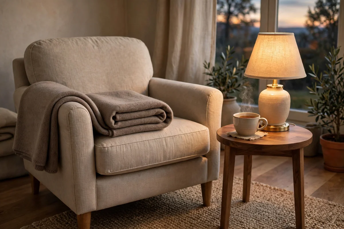 Armchair with a taupe wool throw folded over the arm
