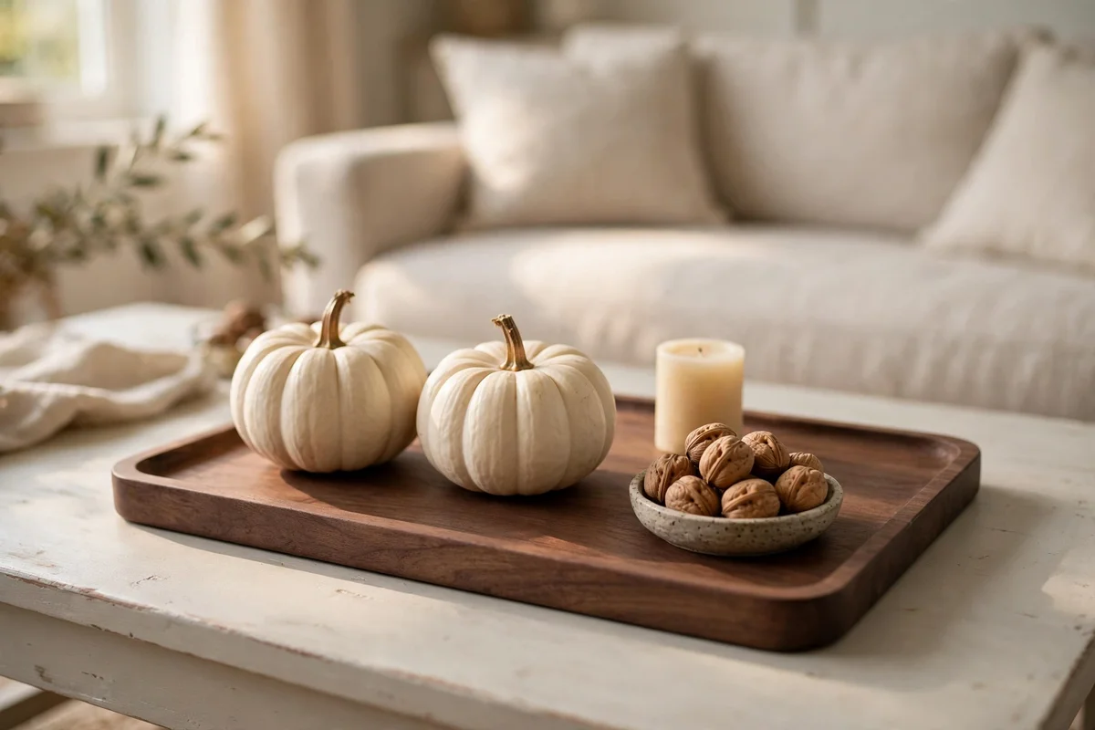 Walnut tray with white pumpkins and candle on a coffee table