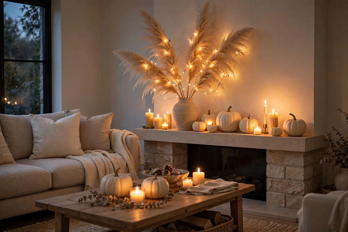 Warm candlelight and string lights glowing over neutral fall decor
