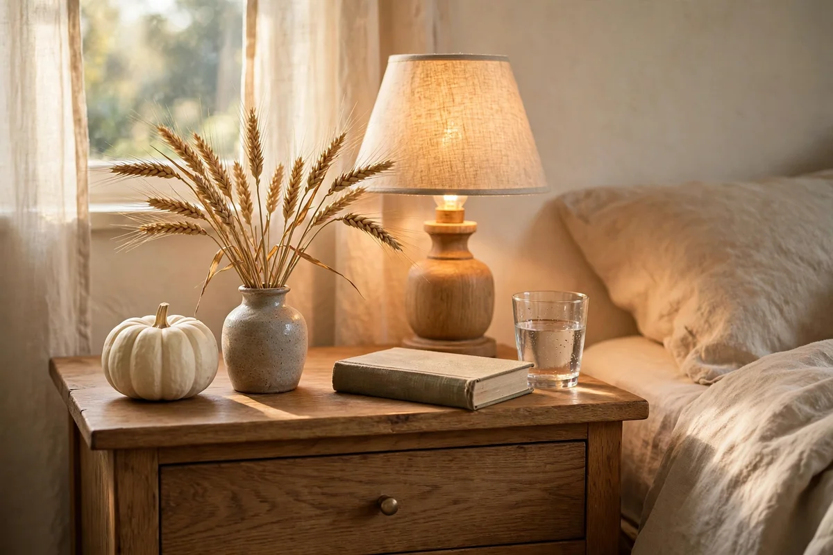 Nightstand with a small white pumpkin and wheat stems