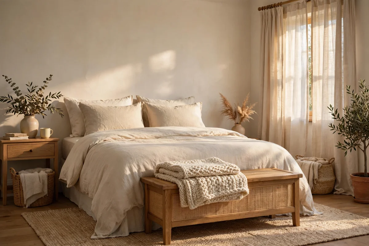 Cream knitted throw folded across a bedroom foot bench