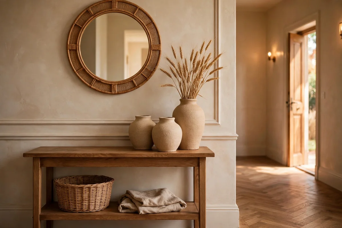 Sand-toned stoneware vases grouped on an entryway console