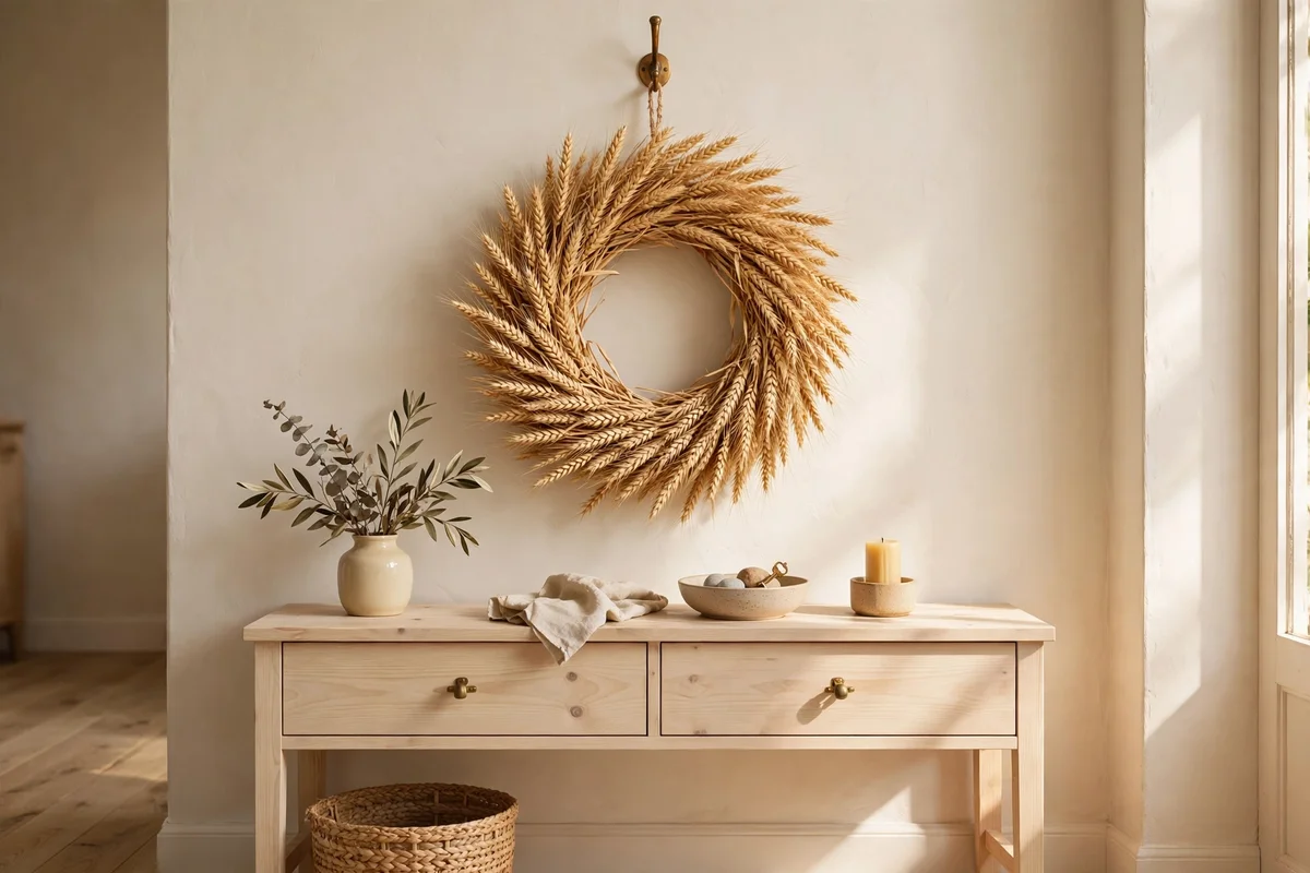 Dried wheat wreath hanging above an entryway console