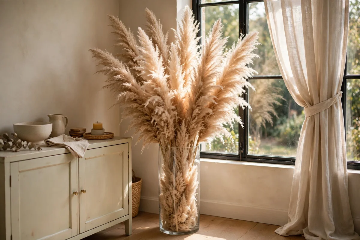 Tall glass vase of beige pampas in a dining corner