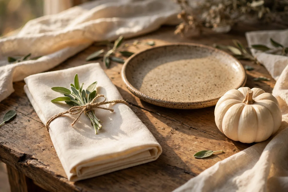 Cream linen napkin with a sage sprig tied in twine