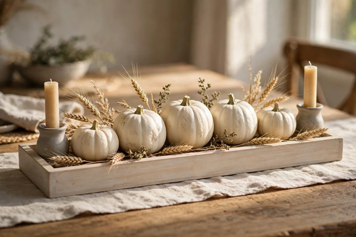 Pale wood tray of white pumpkins as a dining centrepiece