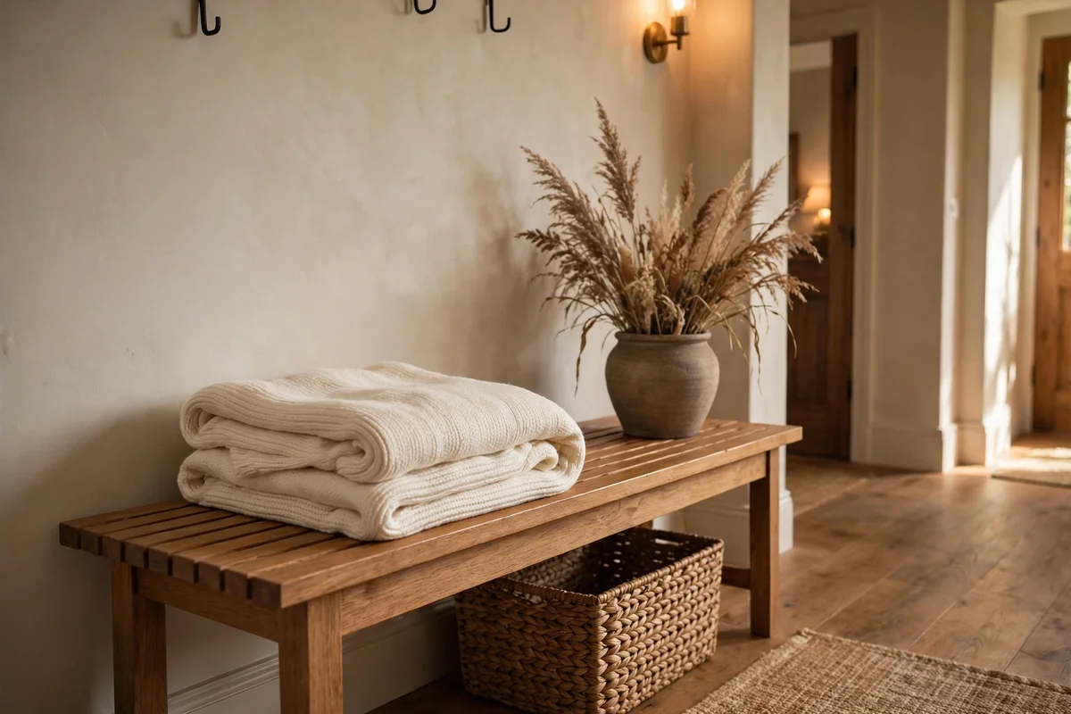 Entryway bench with a folded throw and stoneware pot