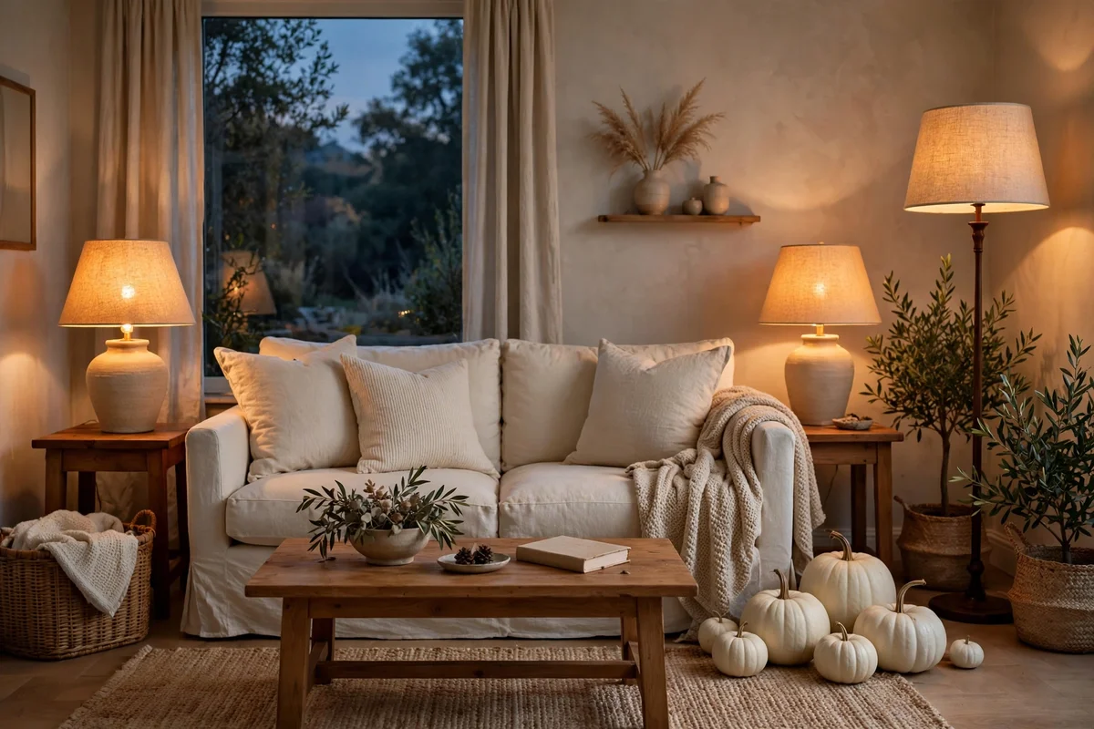 Natural linen lamp shades glowing warm in a living room