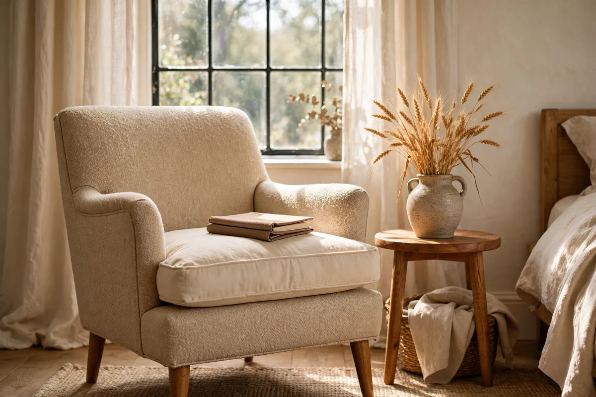 Bedroom reading corner with a cream cushion and wheat posy