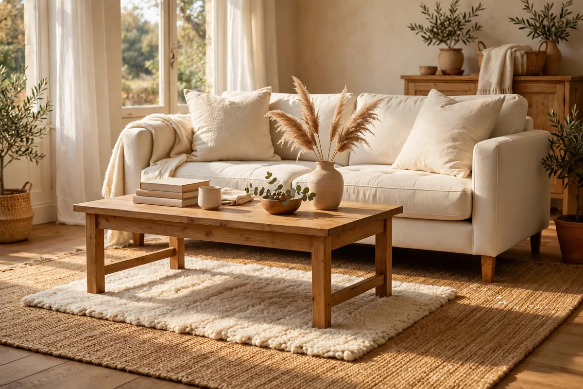 Flat jute rug layered under a coffee table