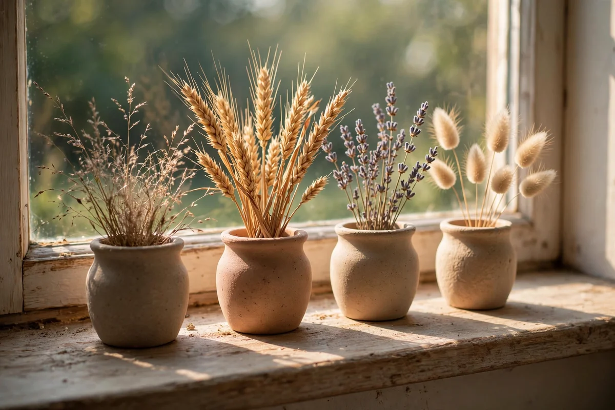 Windowsill lined with stoneware pots of dried grasses