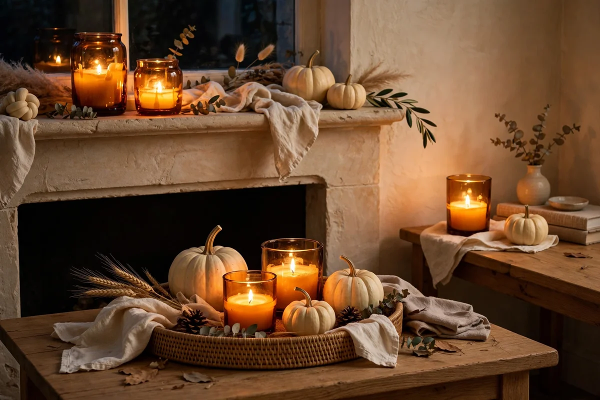 Amber glass candle holders glowing in neutral rooms
