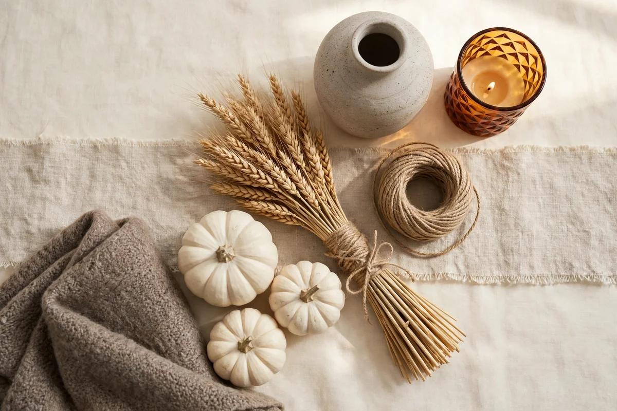 Flat lay of a neutral fall decor shopping list