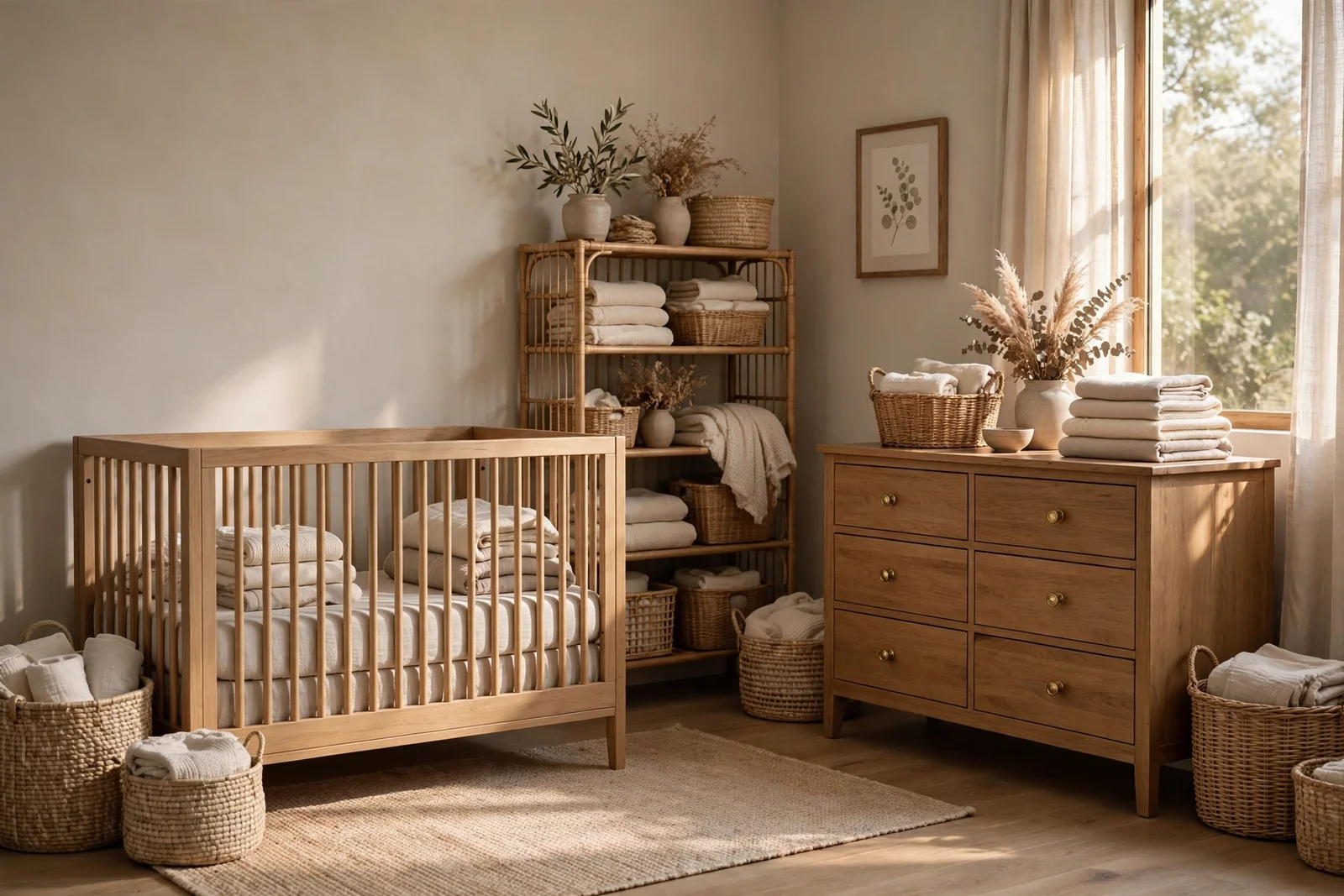 Serene nursery with a natural wood crib, woven storage baskets and an organised dresser in warm light