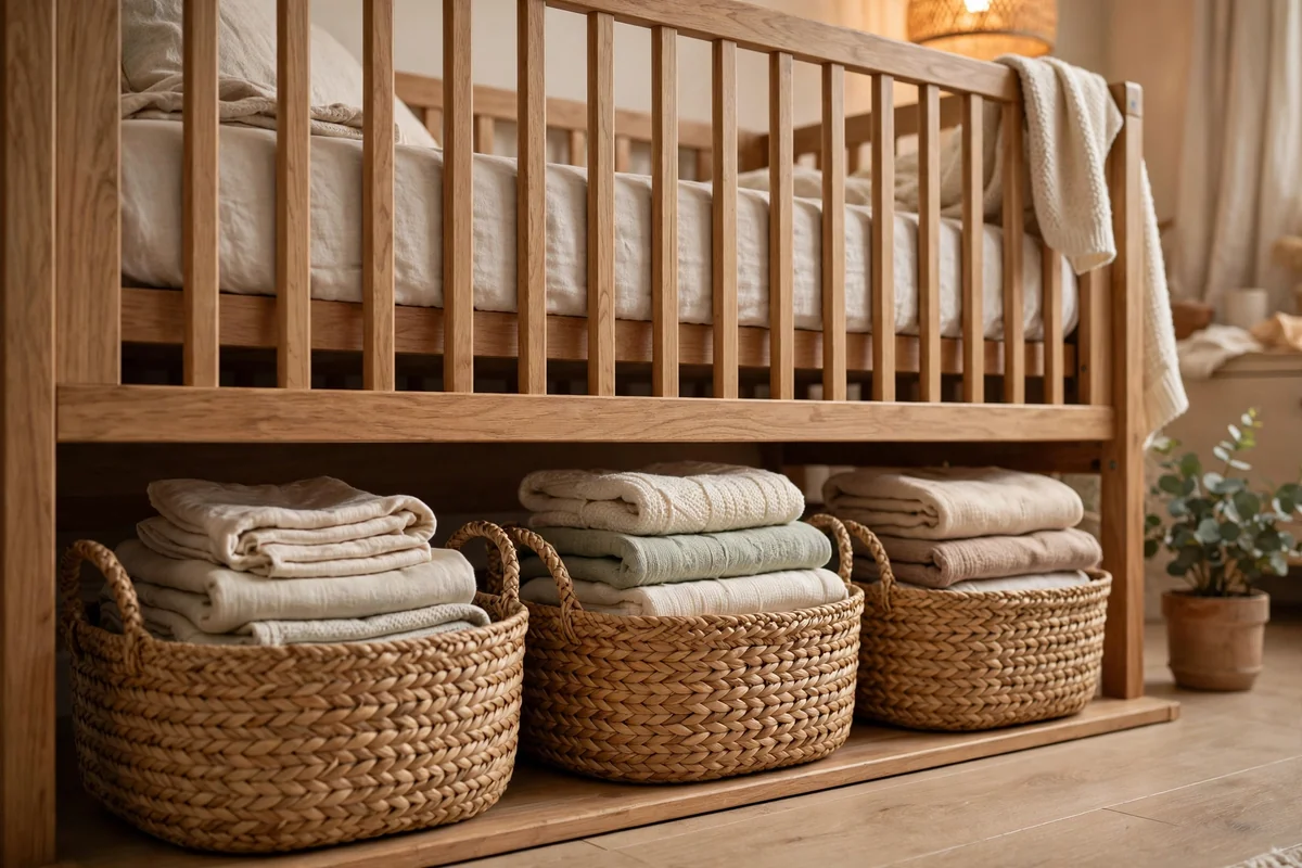 Low woven baskets with handles slid under a wooden crib holding folded blankets