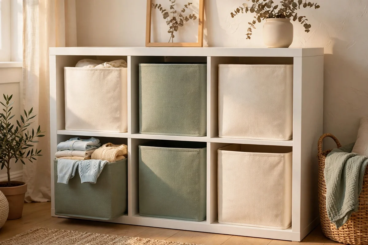 Low cube shelving unit with soft fabric bins in cream and sage