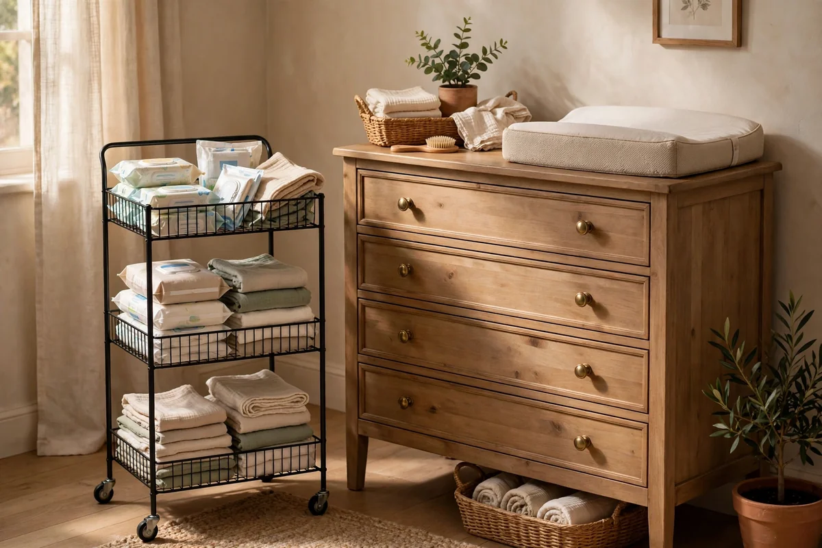 Slim three tier rolling cart beside a changing dresser stocked with nappies and cloths