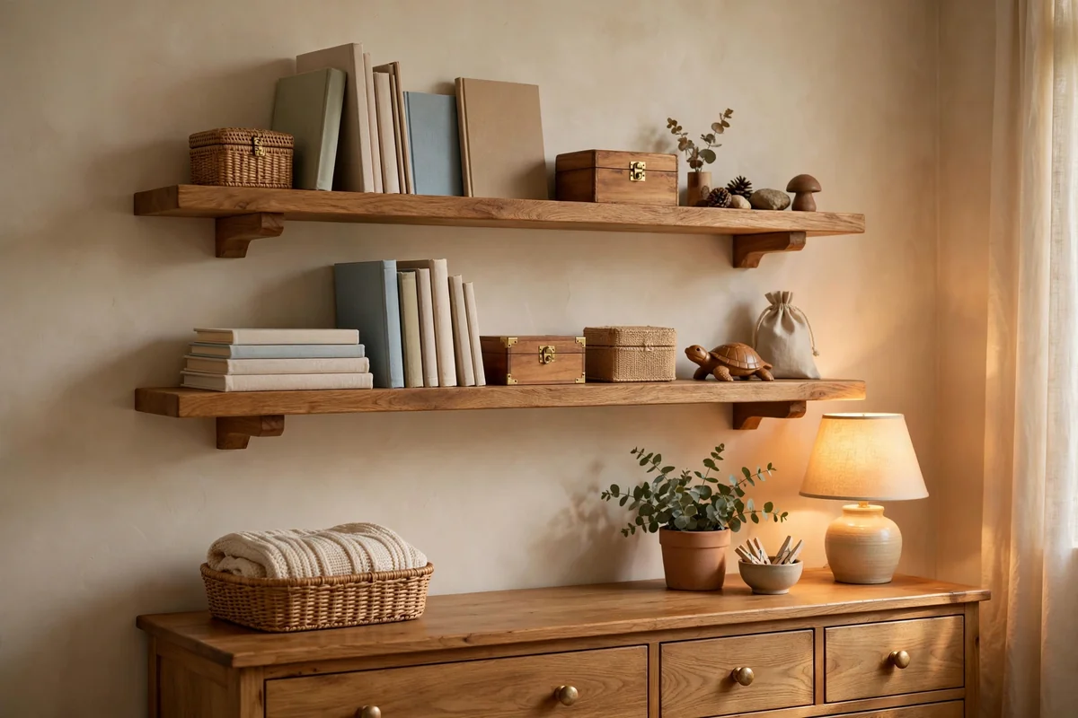 Two wooden floating shelves mounted high above a nursery dresser with books and keepsakes