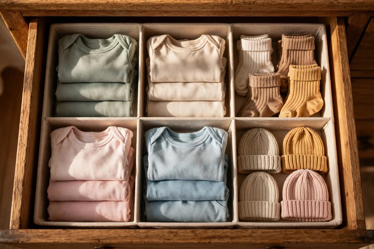 Open dresser drawer divided into compartments of folded tiny baby clothes
