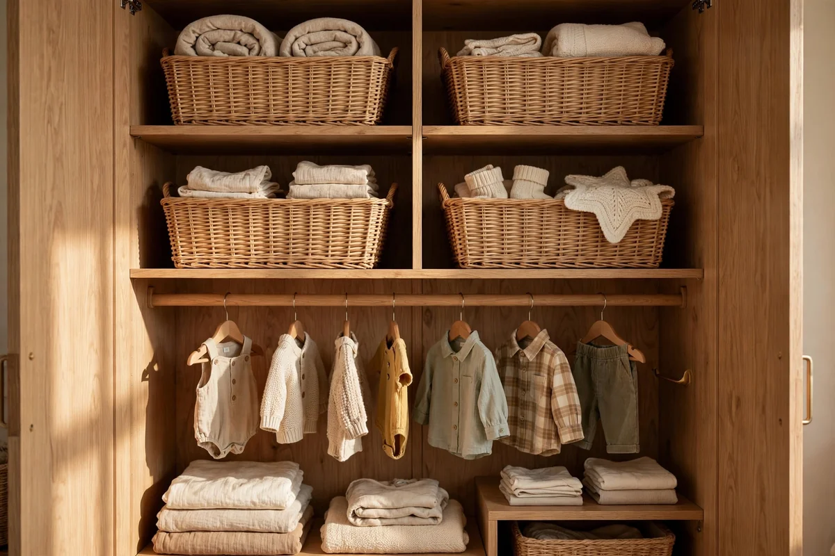 Nursery wardrobe interior with matching woven baskets on shelves