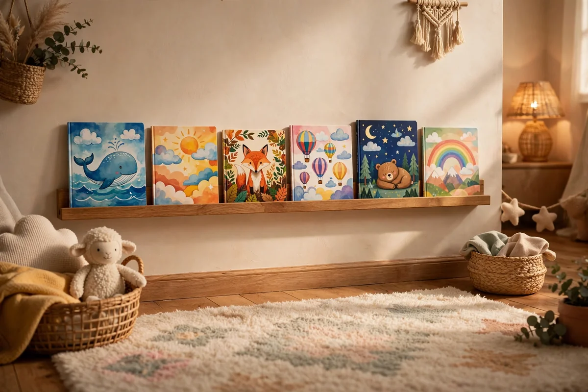 Low forward facing picture book rails on a nursery wall above a soft rug