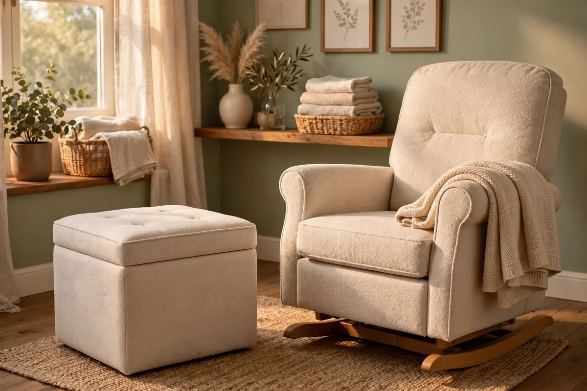 Soft upholstered storage ottoman beside a nursery glider chair