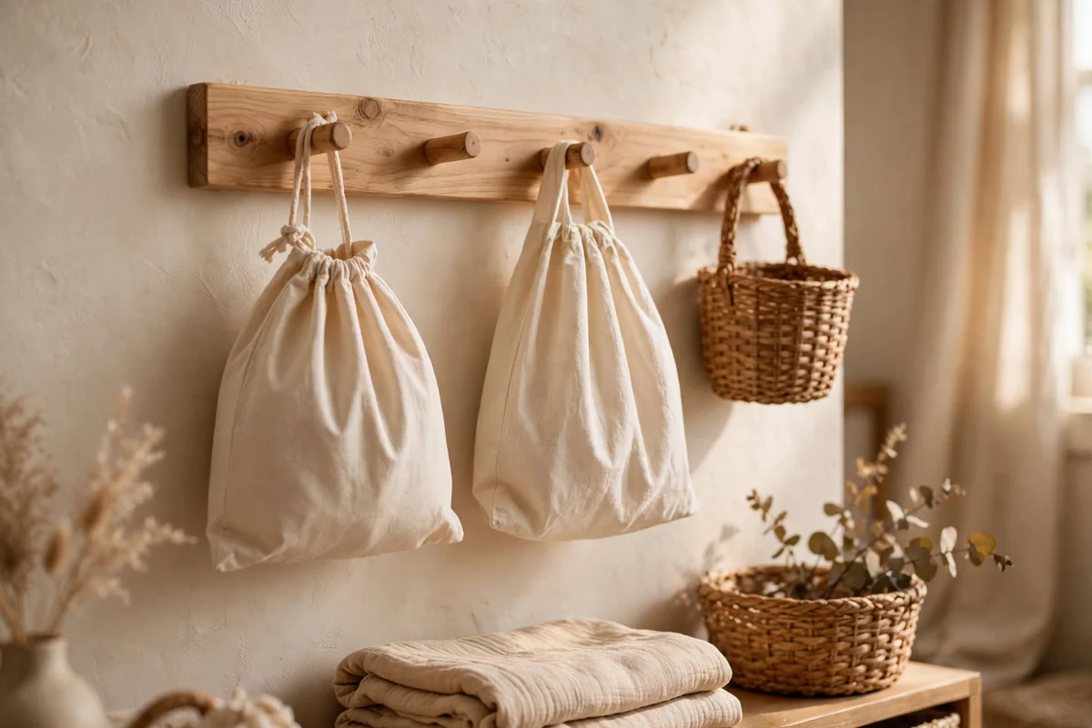 Natural wood peg rail with cotton storage bags and a small basket hanging from pegs