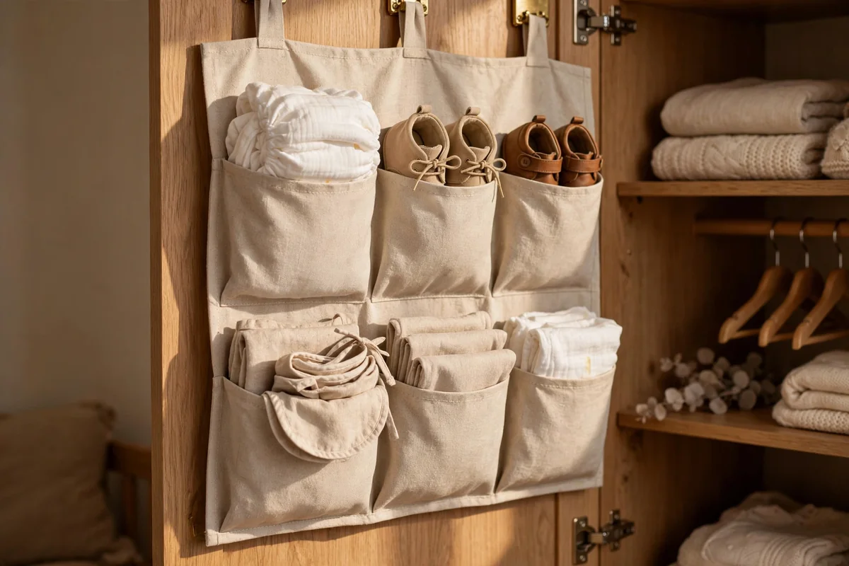 Fabric over the door pocket organiser inside a nursery wardrobe door
