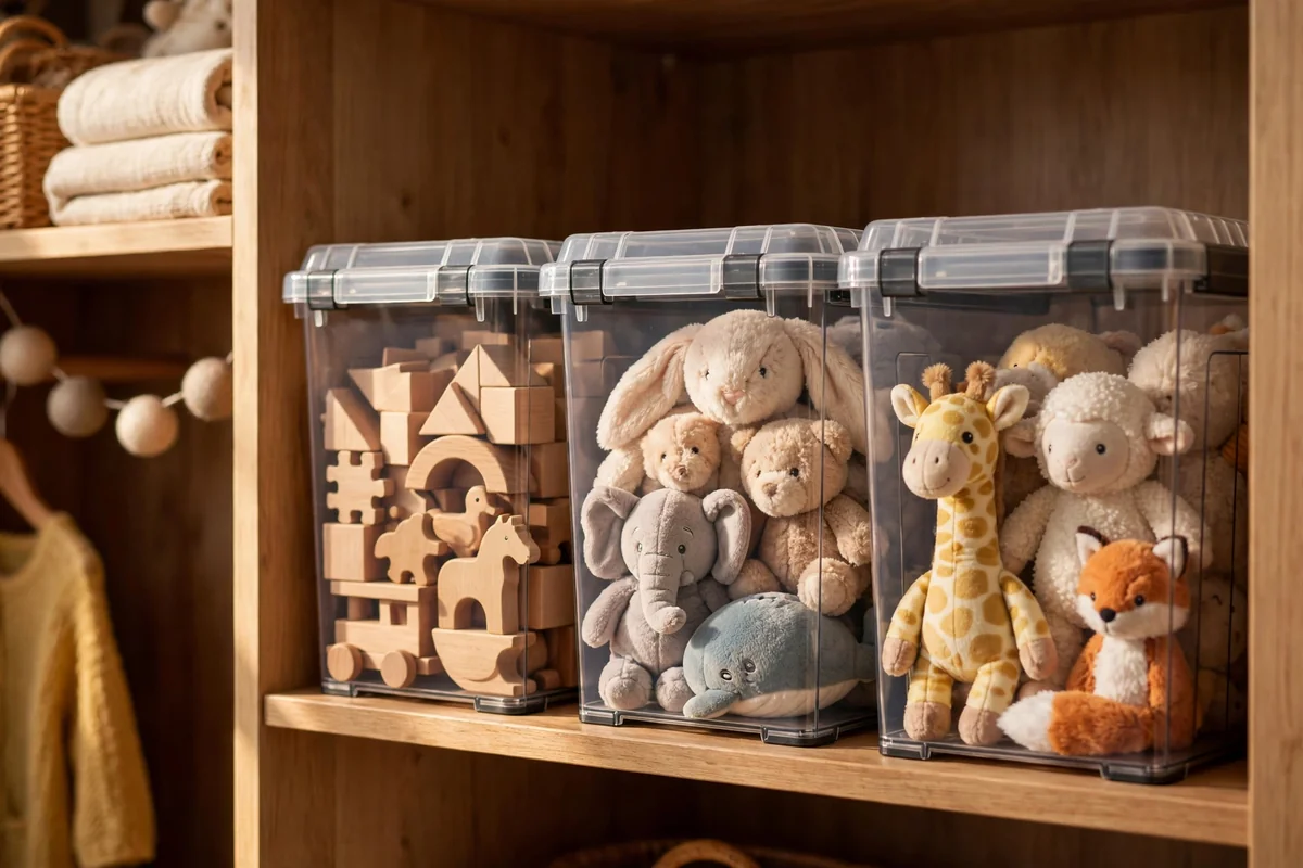 Stackable lidded bins on a closet shelf holding sorted wooden and soft toys